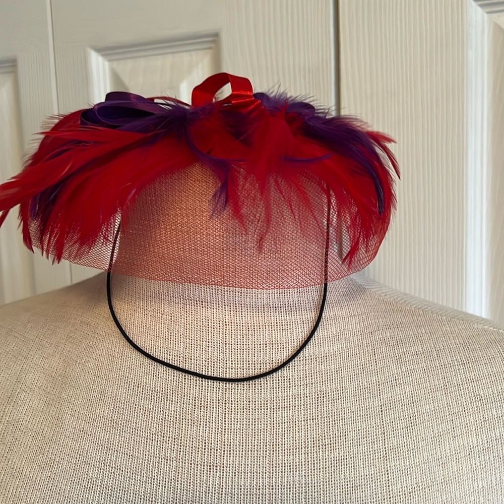 Vintage Red Society Red and Purple Feather Fascinator Hat Elastic